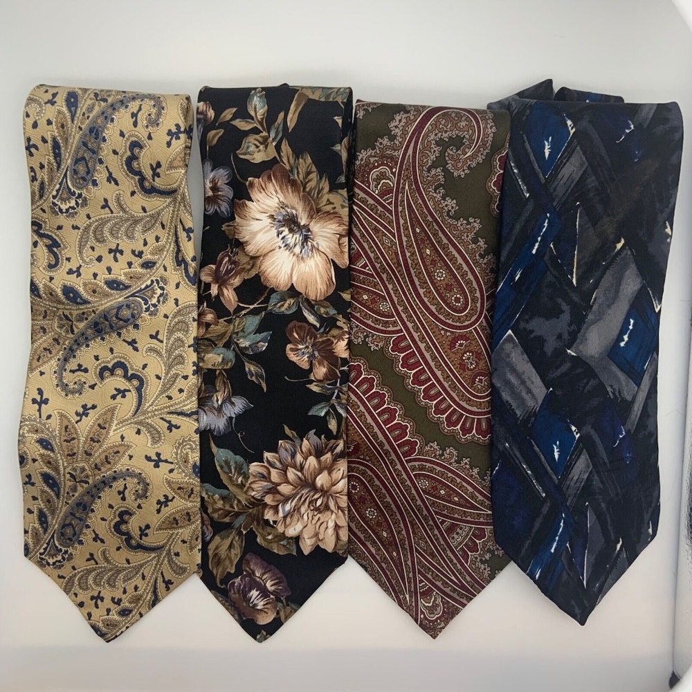 Set of Four Vintage Unique Print Paisley Geometric Floral Silk Men's Ties